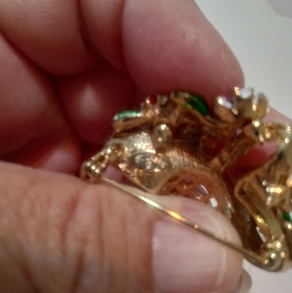 Vintage Flower Basket Brooch Signed St. Labre Gold Tone Enamel Faux Pearl - Picture 6 of 8